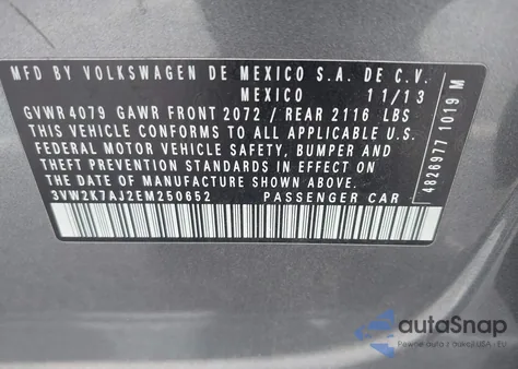 2014 Volkswagen Jetta S из США, поврежденный, VIN 3VW2K7AJ2EM250652